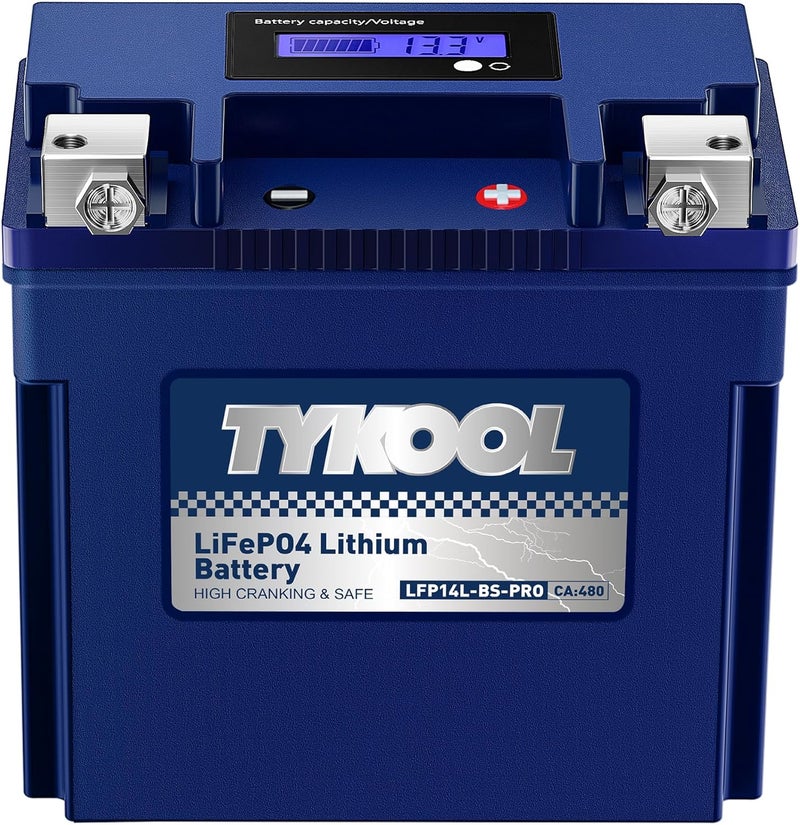 TYKOOL YTX14L-BS 3X Cranking Amps,5X Life, Lithium LiFePO4 Motorcycle Battery,12V 8Ah,480CCA,Digital Readout, Built in BMS,Powersports Battery, Compatible for Harley-Davidson, BRP (Sea-doo) Spark 900 - Image 1